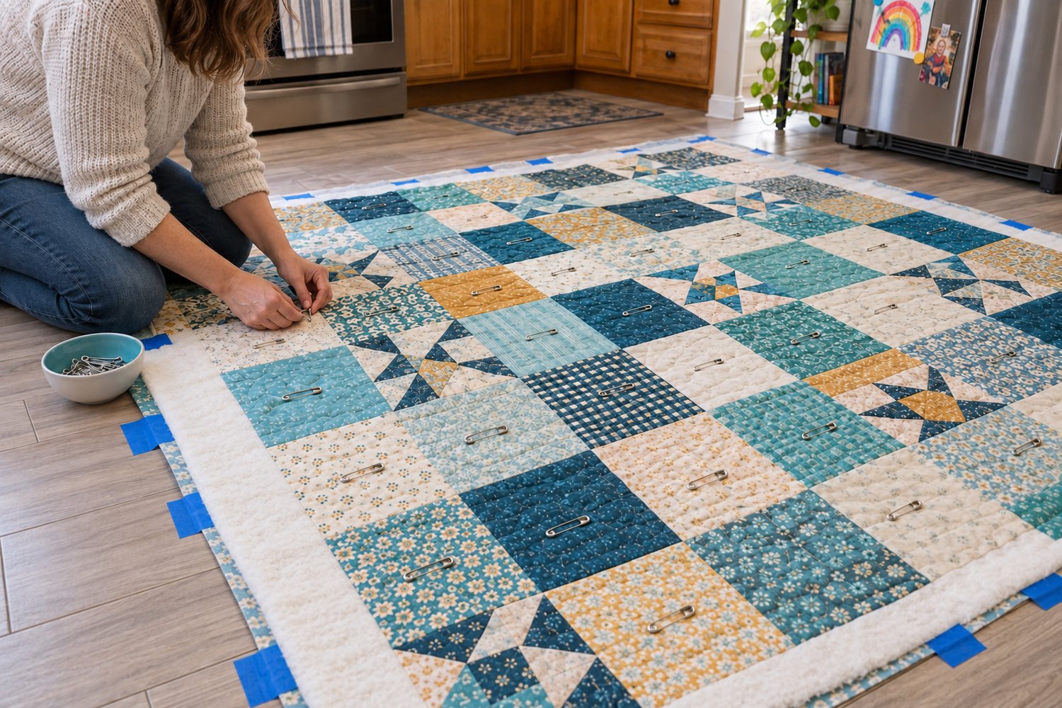 Sandwiching and pin basting a quilt with large safety pins on a clean kitchen floor