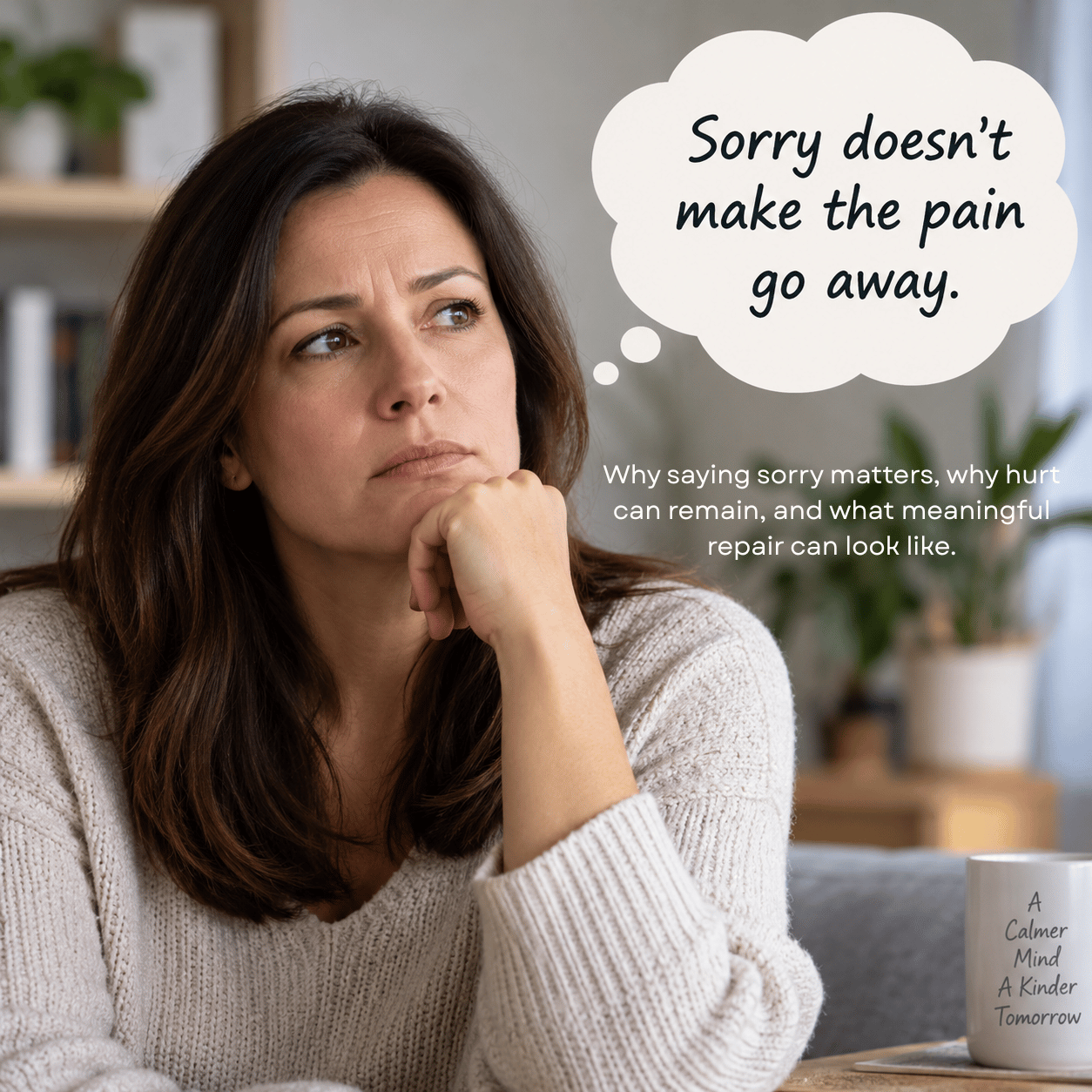 Woman reflecting on the words 'sorry doesn't make the pain go away,' header image for the Apology, Hurt & Repair blog post