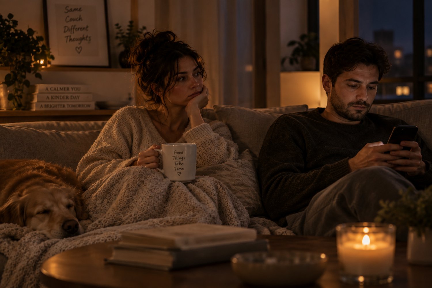 Couple sitting together on a couch while a woman quietly reflects on feeling lonely and emotionally disconnected in her relationship.