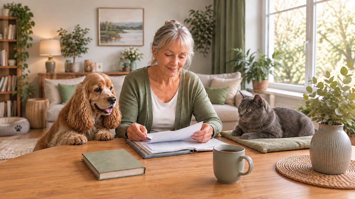 Femme senior lisant des documents à la maison avec un cocker et un chat gris, illustrant l’anticipation pour l’avenir de son animal avec SOS Assistance Animale.
