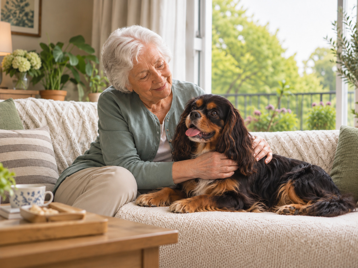 Personne âgée partageant un moment de tendresse avec un Cavalier King Charles noir et feu, illustrant le lien affectif entre seniors et animaux pour SOS Assistance Animale.
