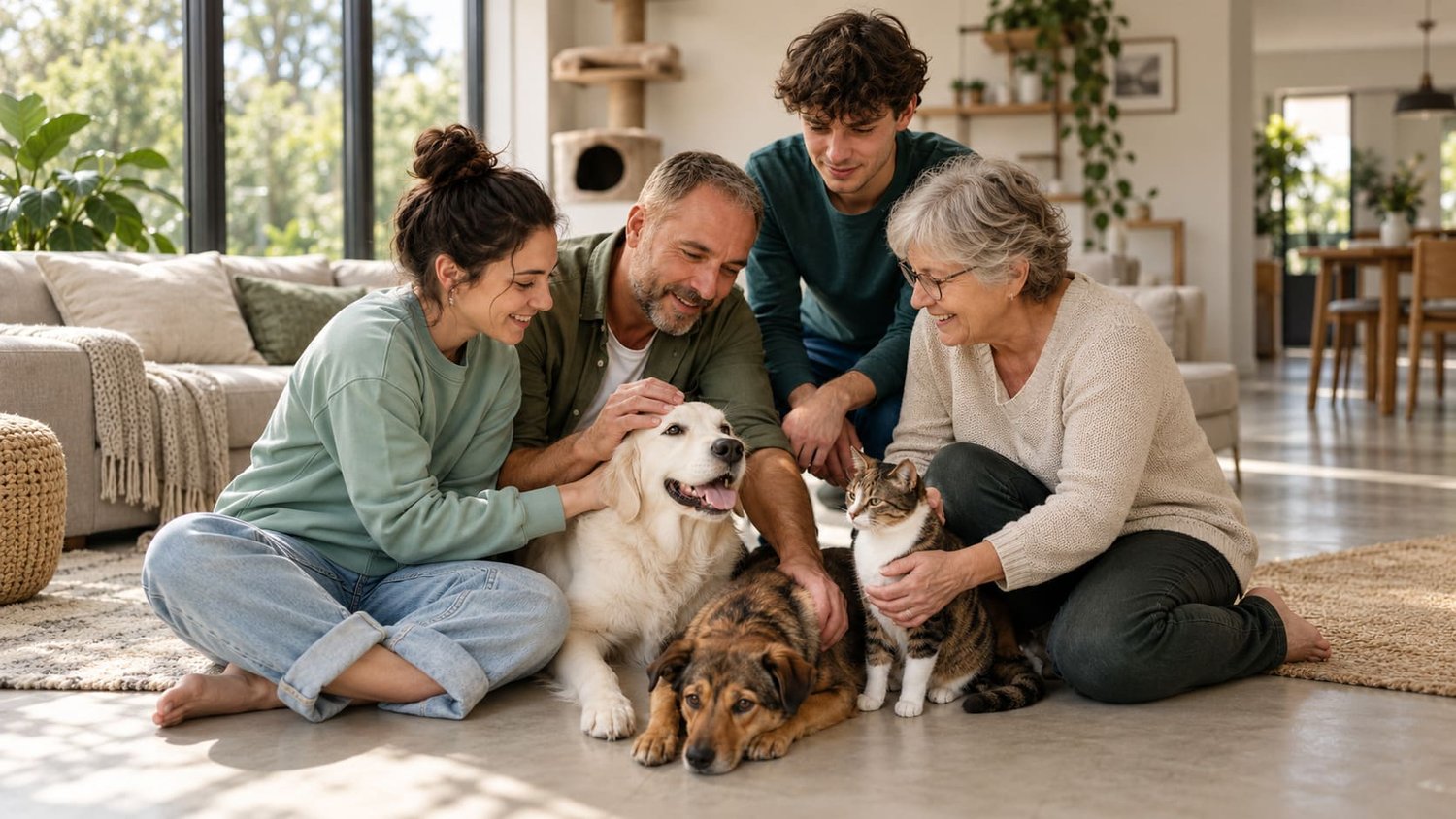 Famille réunie à la maison autour de deux chiens et d’un chat, illustrant le lien humain-animal et l’esprit solidaire de SOS Assistance Animale.