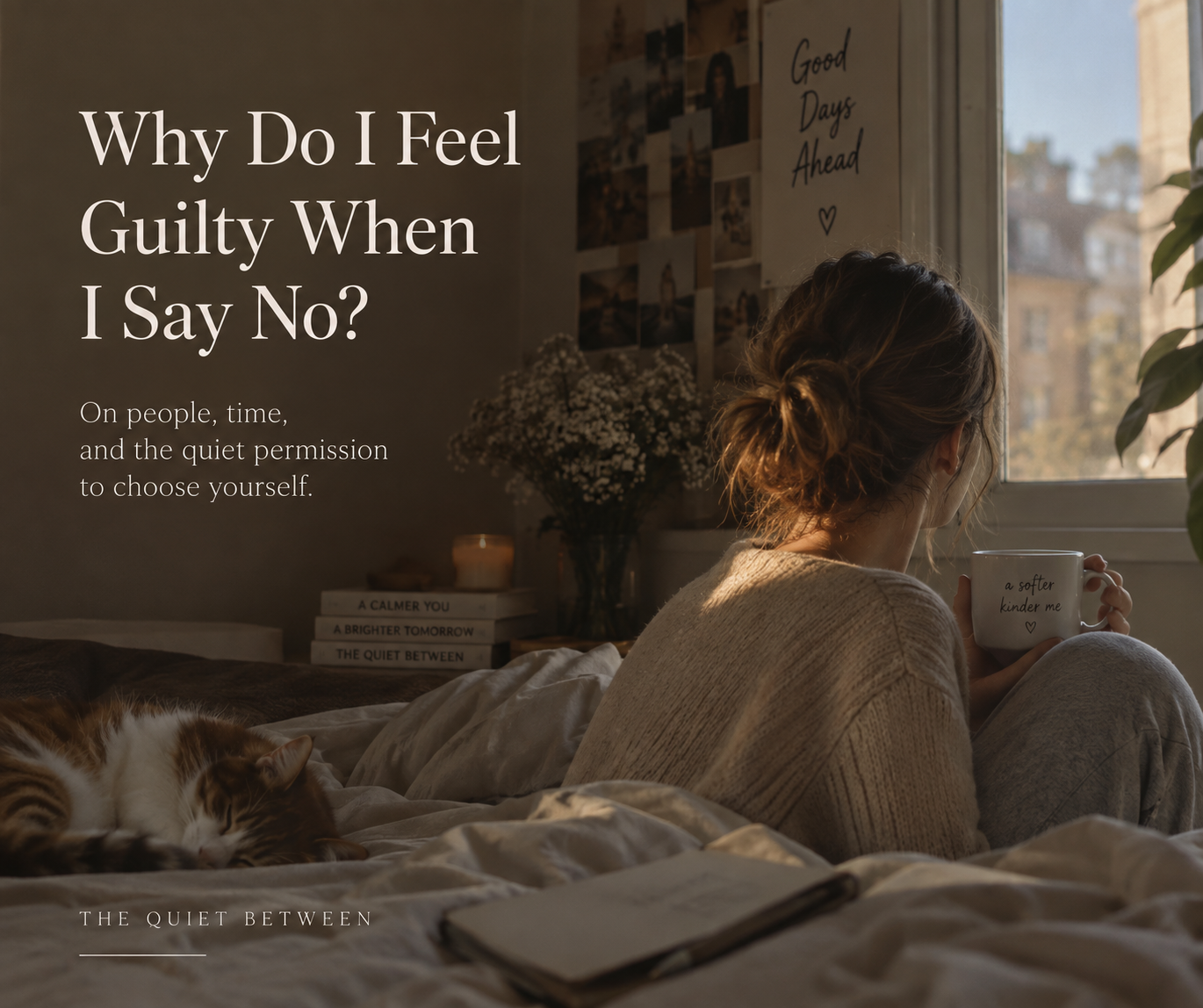Woman sitting quietly by a window with a cup of coffee, reflecting on the guilt that can come with saying no and choosing time for herself.