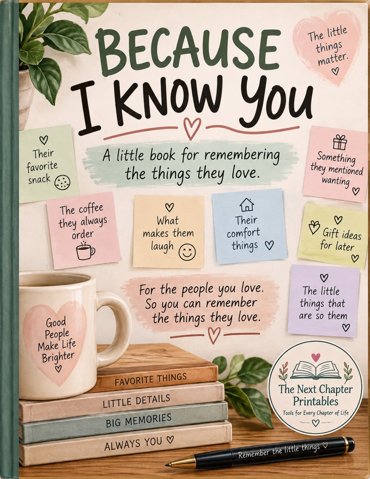 Because I Know You printable keepsake book for remembering favorite things, personal details, and special memories.