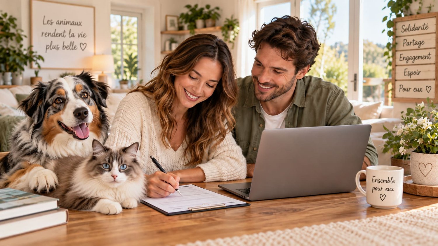 Couple remplissant un formulaire de bénévolat avec un Berger Australien et un chat à leurs côtés, illustrant l’engagement auprès de SOS Assistance Animale.