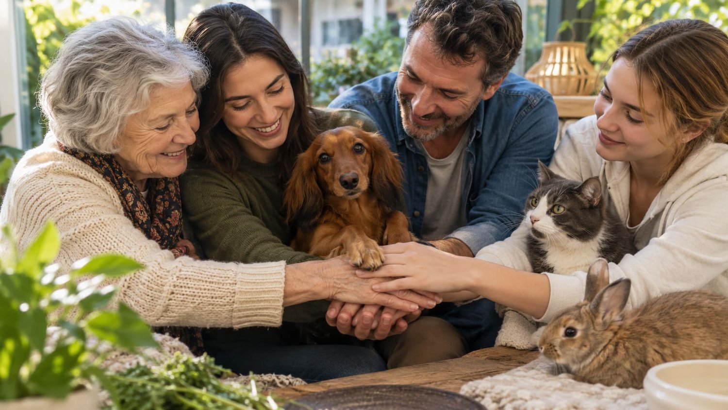 Plusieurs générations réunies autour de différents animaux pour illustrer la solidarité, le bénévolat et l’engagement de SOS Assistance Animale.