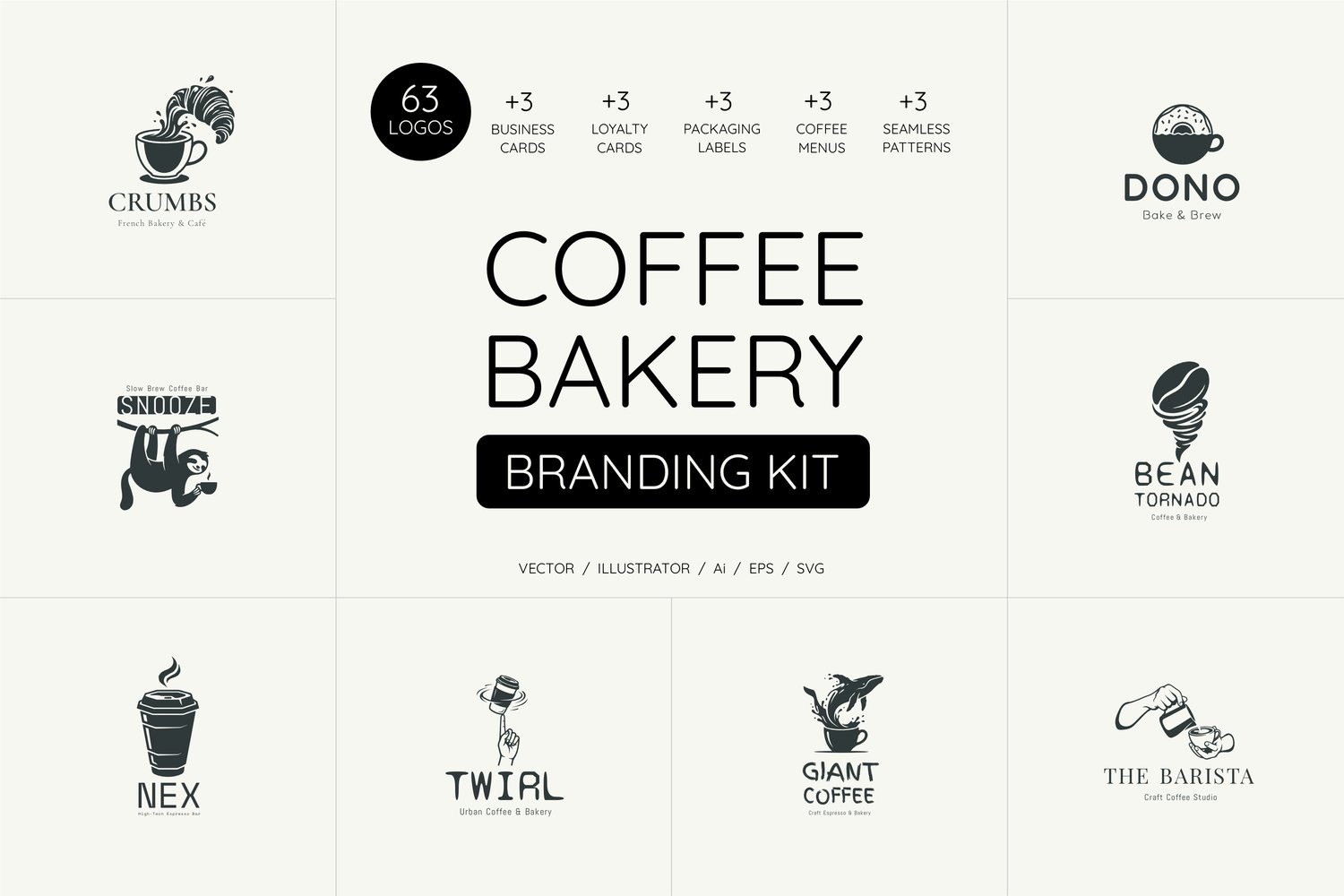 Coffee Bakery Branding Kit - 63 Vector Logos and Full Brand Identity Bundle