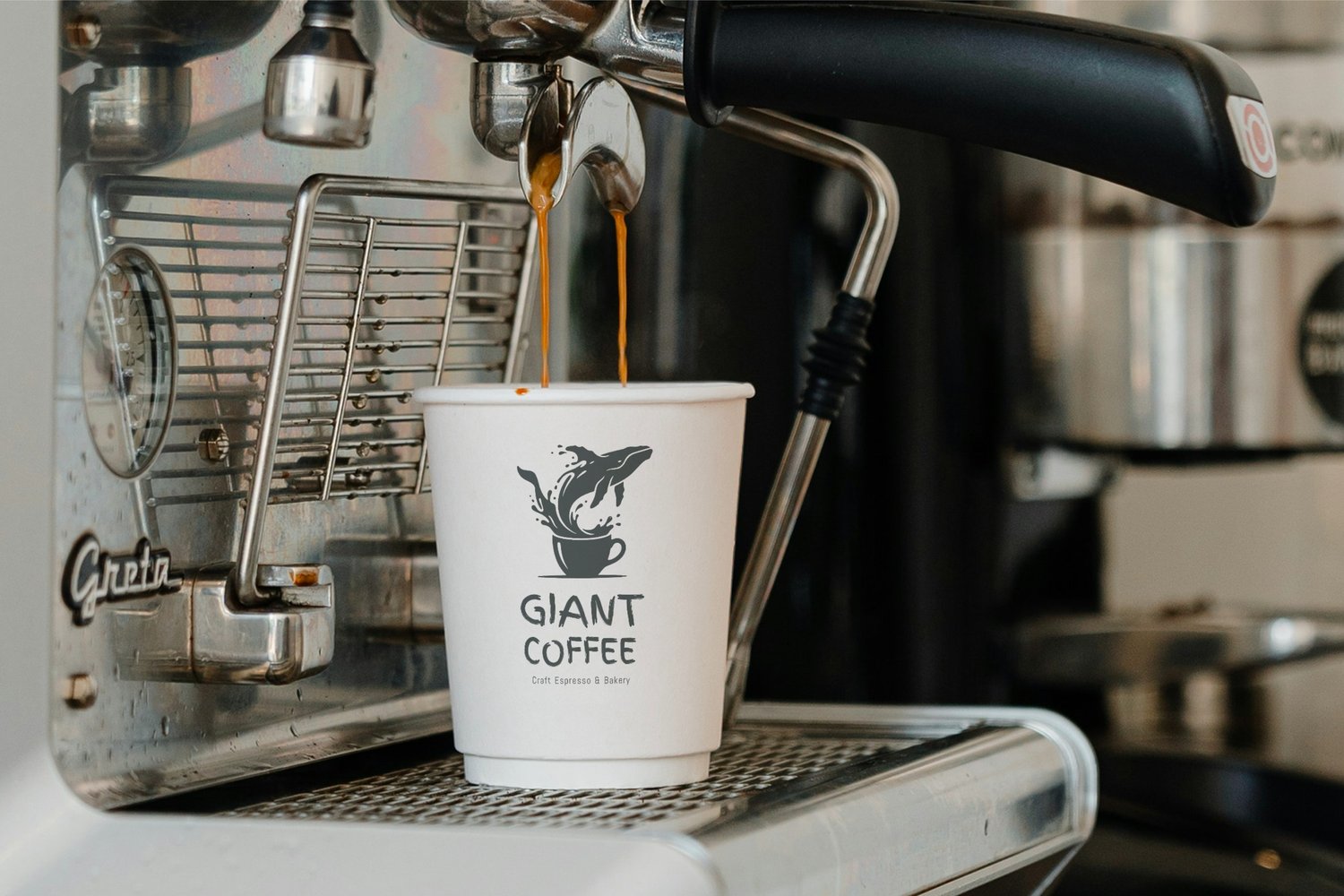 Espresso machine pouring coffee into paper cup mockup