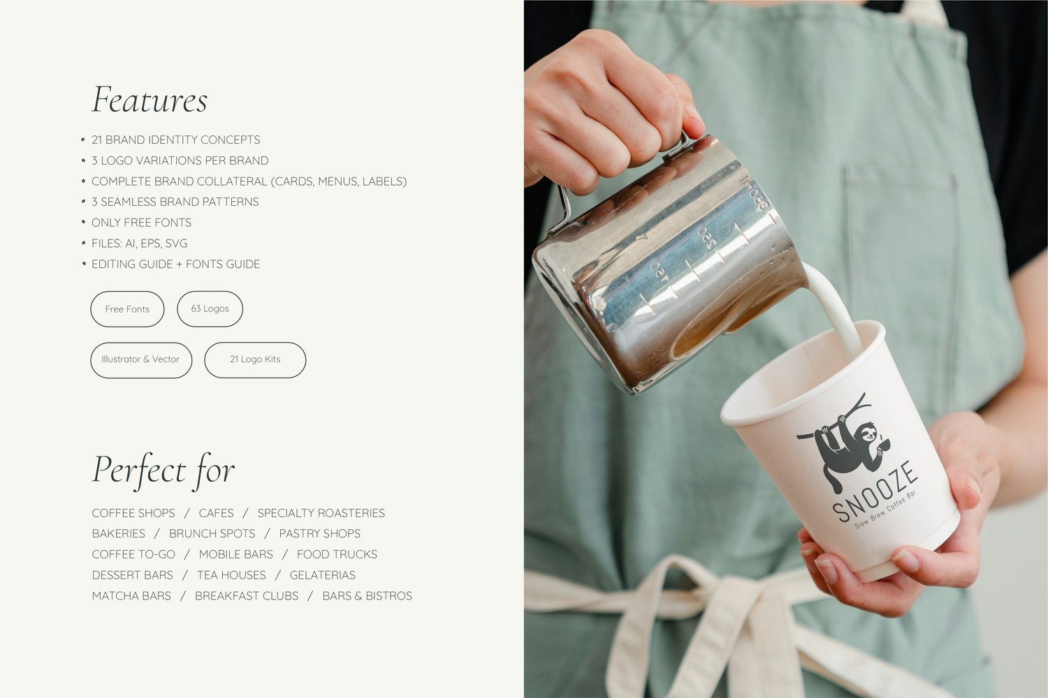 Coffee shop branding kit features, barista pouring latte art, and takeaway cup mockup