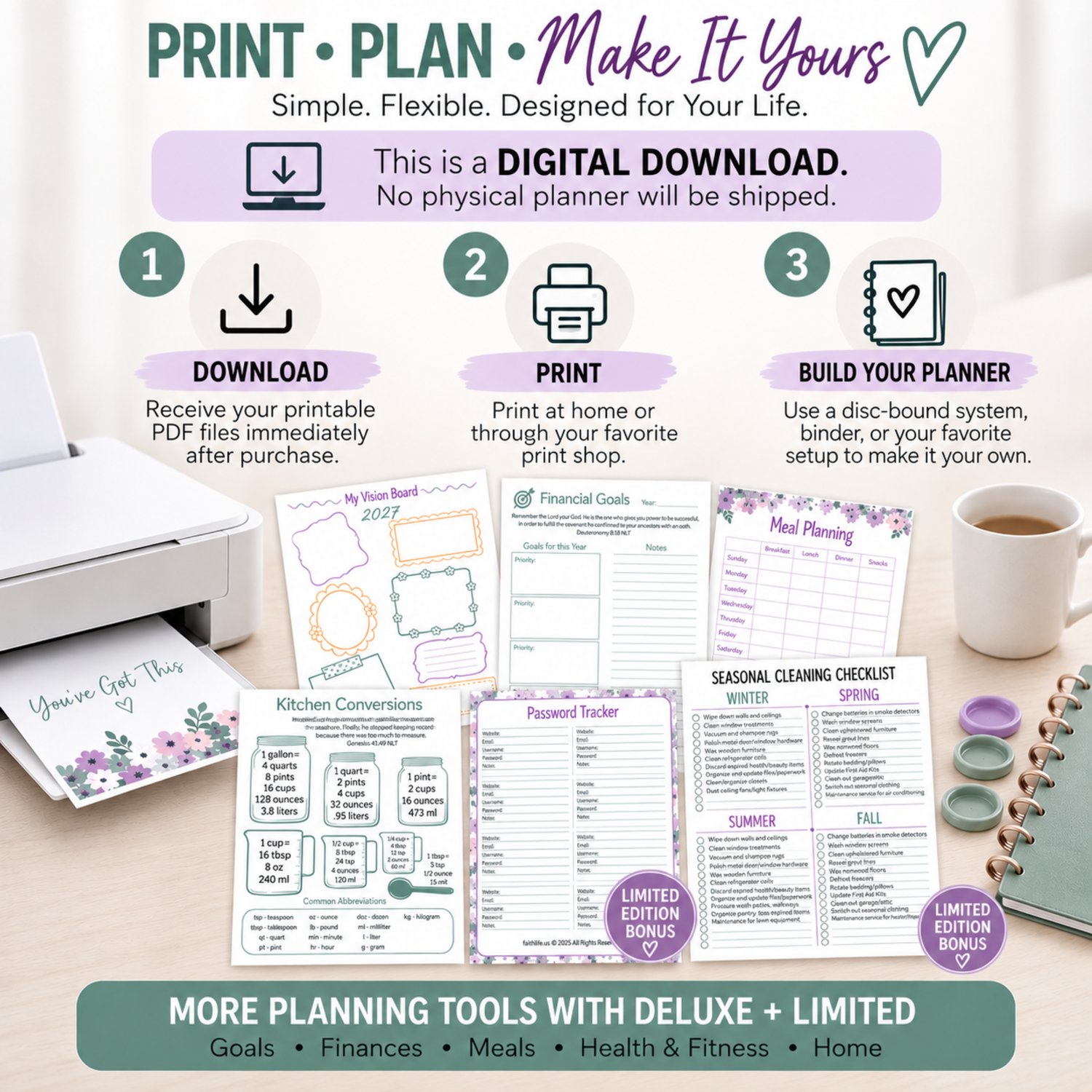 Printable Medical Mom Planner digital download for caregivers that can be printed at home and customized in a disc-bound system, binder or favorite planner style.
