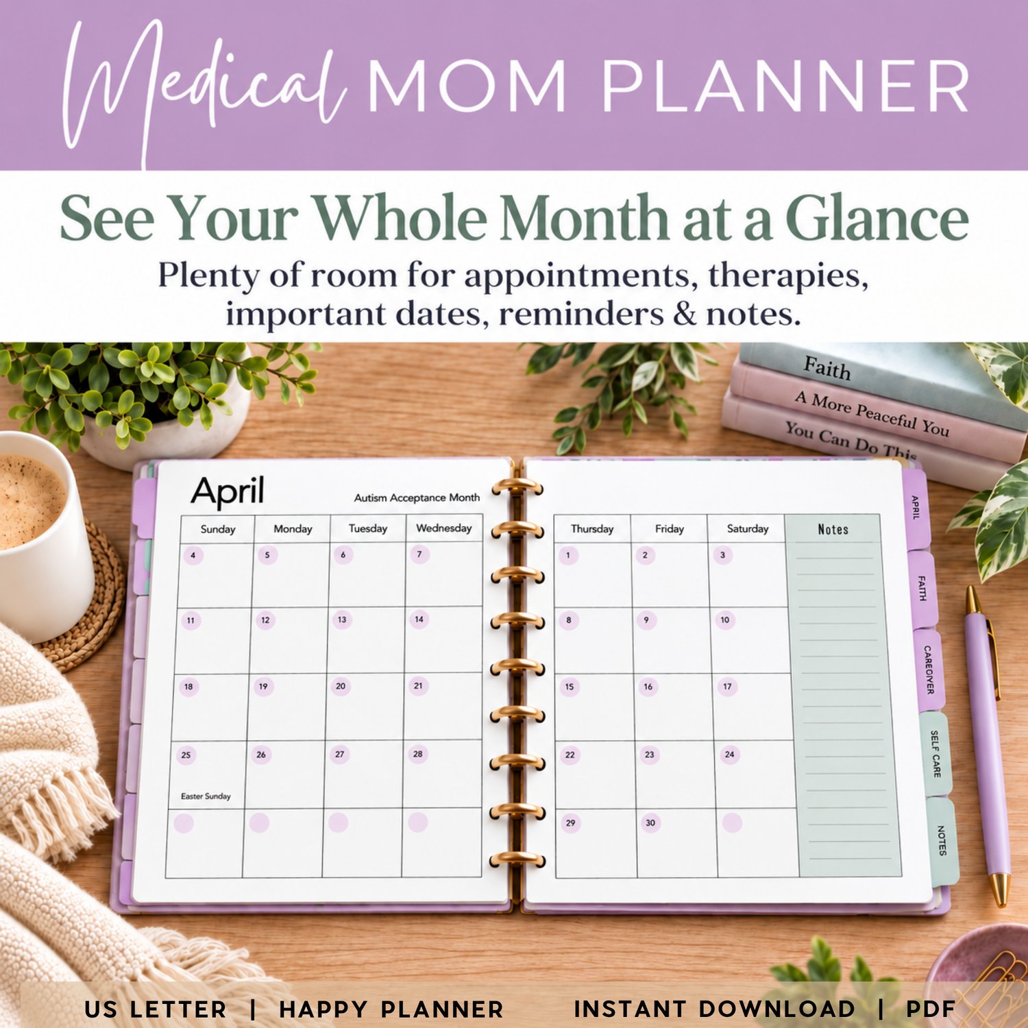 Medical Mom Planner monthly planning pages designed to help caregivers organize appointments, schedules, priorities, and everyday responsibilities.