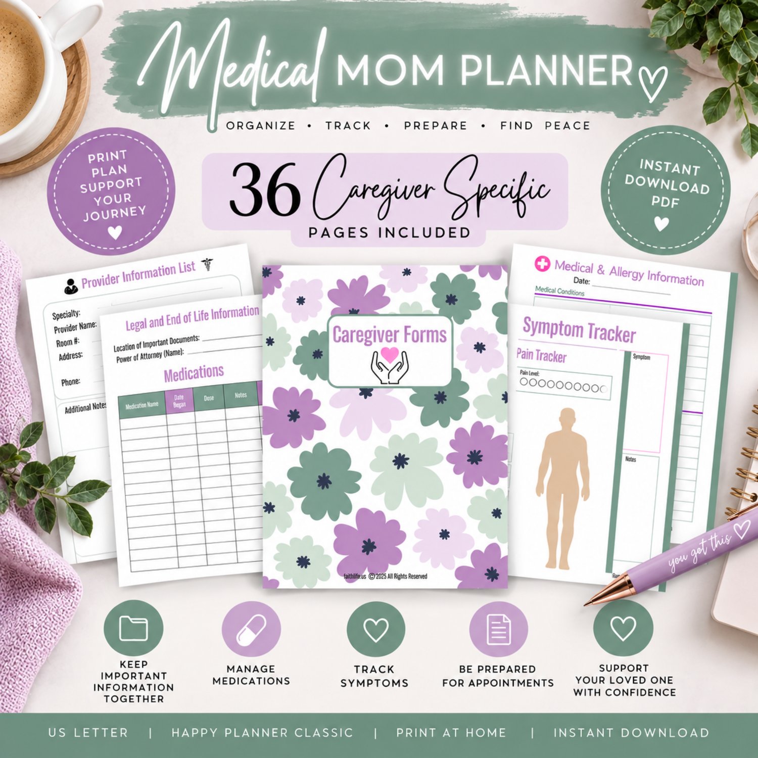 Medical Mom Planner with 36 caregiver specific printable pages for organizing medical information, appointments, medications, providers, and caregiving needs.