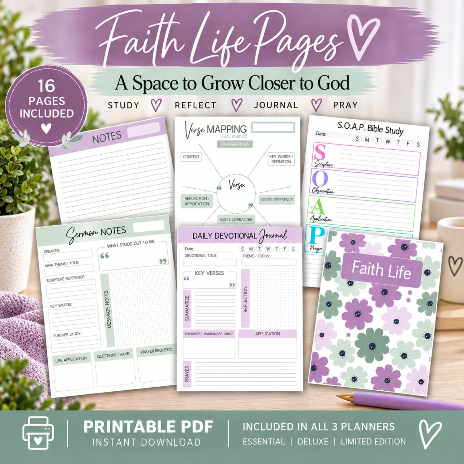 Faith-based Medical Mom Planner pages for Christian Medical Moms and Caregivers with Bible study, prayer, journaling, reflection, and scripture study pages.