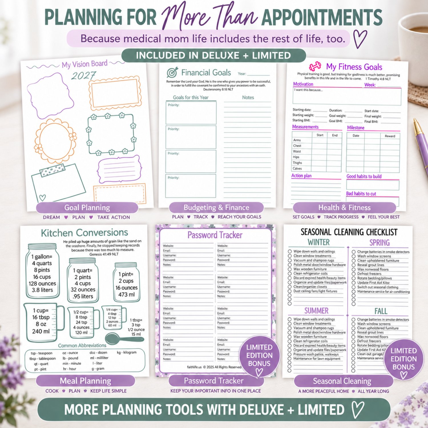 Medical Mom Planner with practical caregiver planning pages for goals, finances, meals, health, fitness, home, organization, and everyday responsibilities.