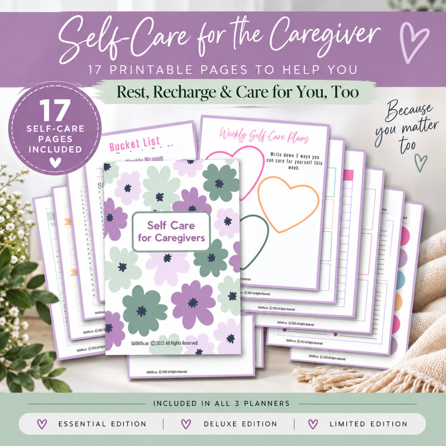 Printable caregiver self-care pages for medical moms with practical tools for rest, reflection, personal care, and healthy routines.