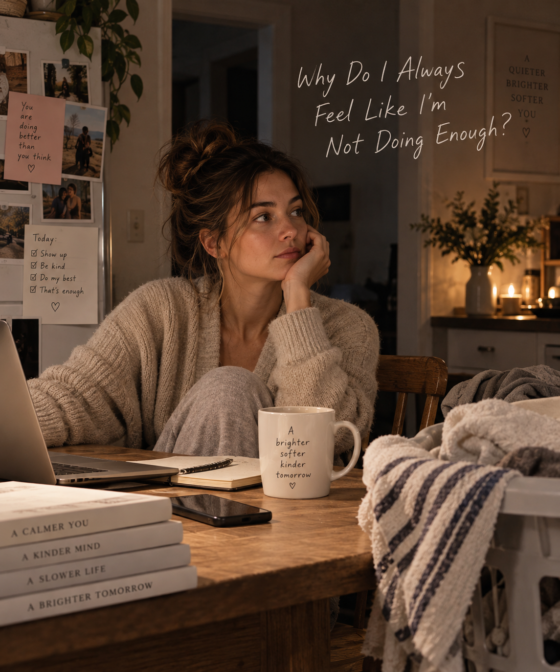 Woman sitting at a kitchen table at the end of the day, surrounded by unfinished everyday tasks and reflecting on the feeling that she is never doing enough.