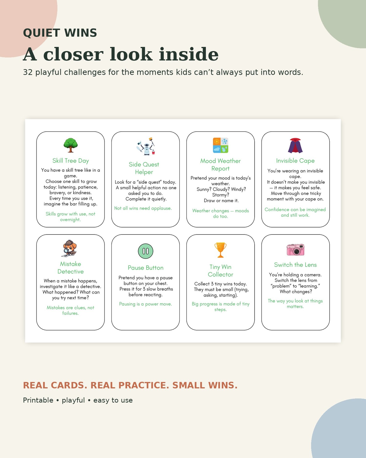 Preview of Quiet Wins printable cards showing playful challenges for children's emotional awareness, focus and confidence