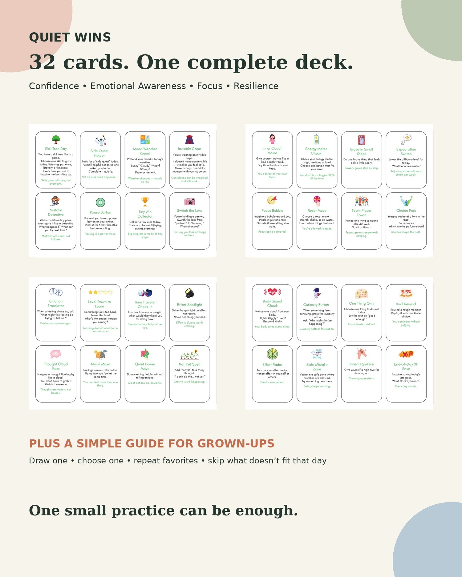 Overview of the 32 Quiet Wins printable cards for children's confidence, emotional awareness, focus and resilience