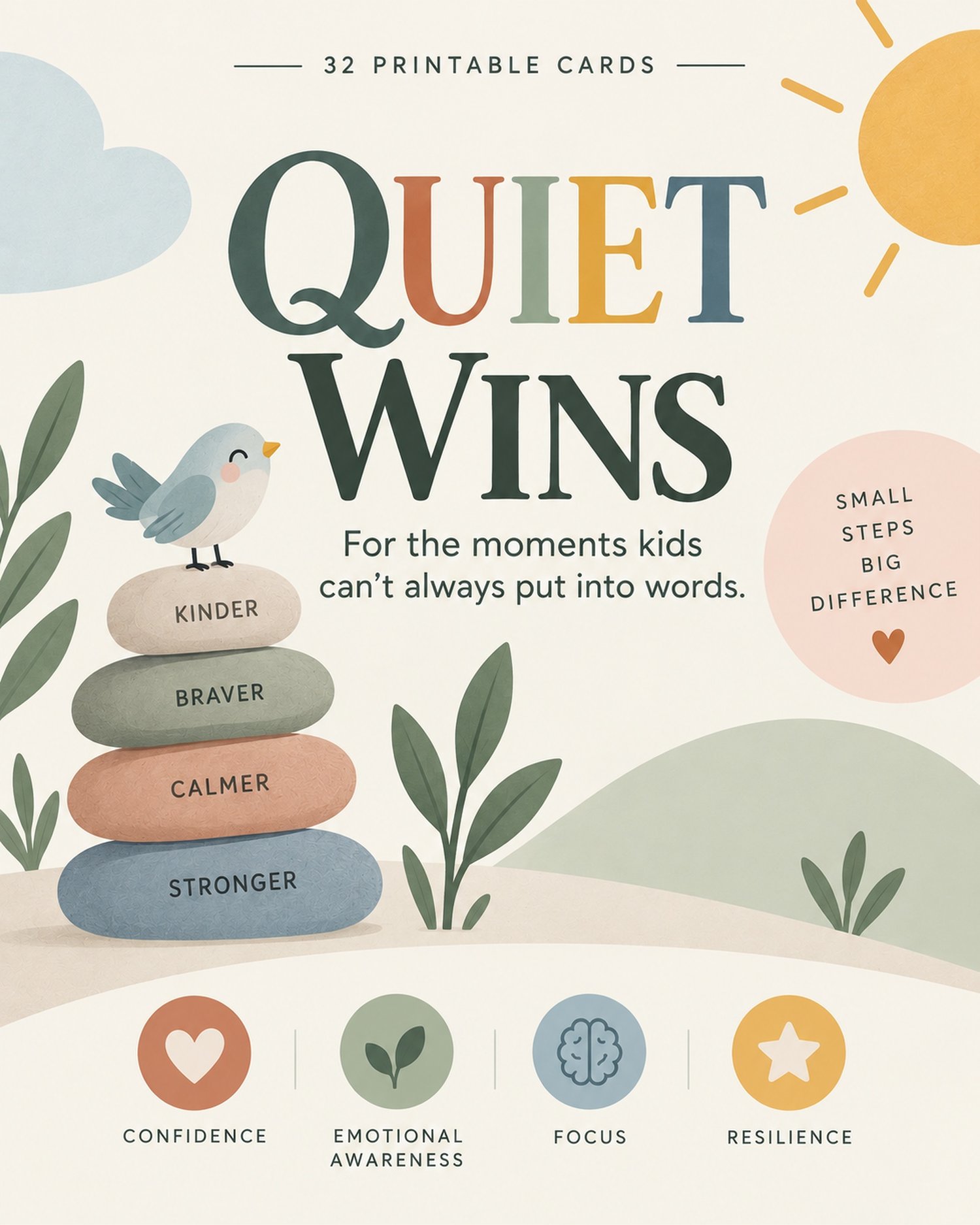 Quiet Wins printable cards for children, 32-card deck for confidence, emotional awareness, focus and resilience