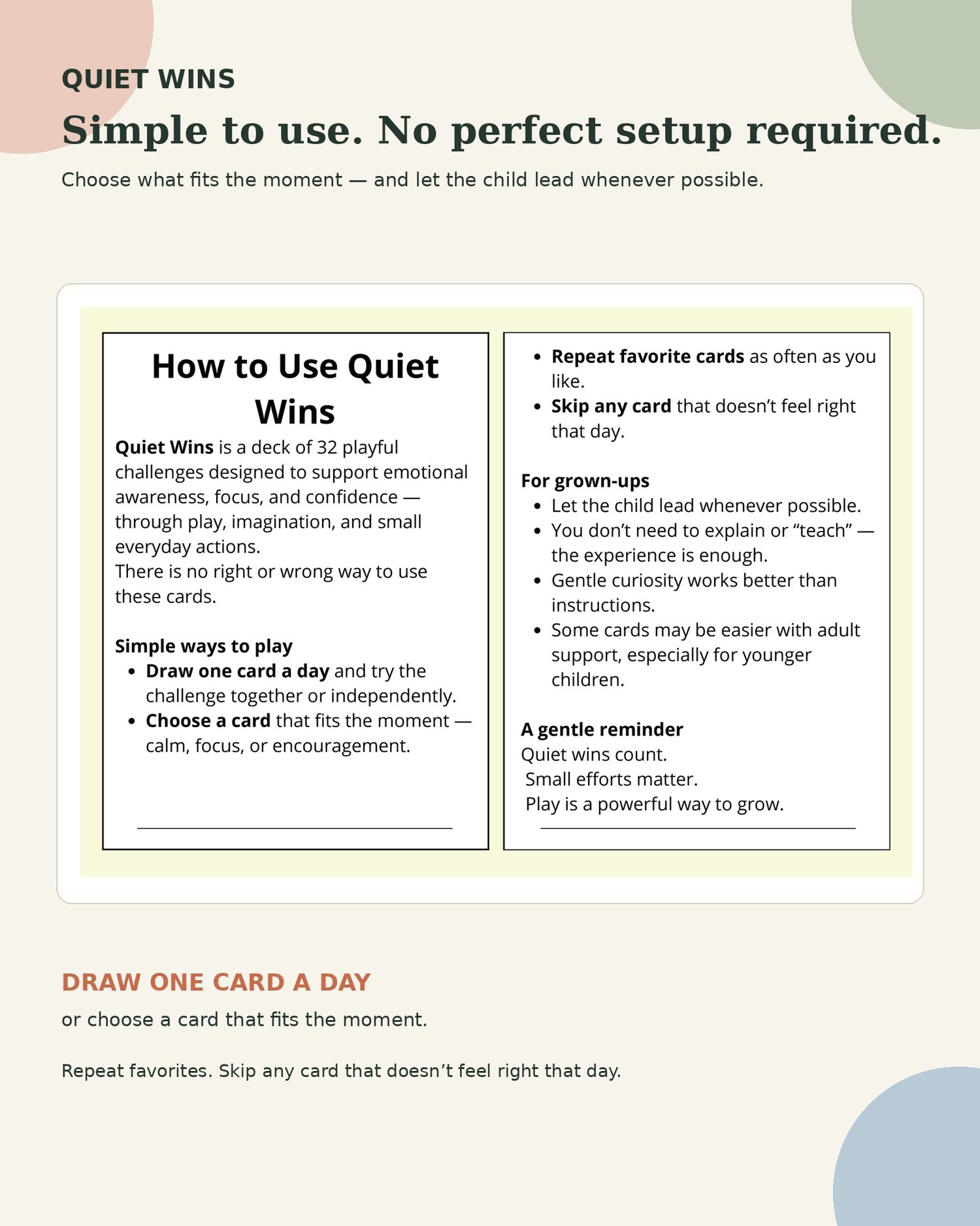 How to Use Quiet Wins guide explaining simple ways to use the 32 printable challenge cards with children