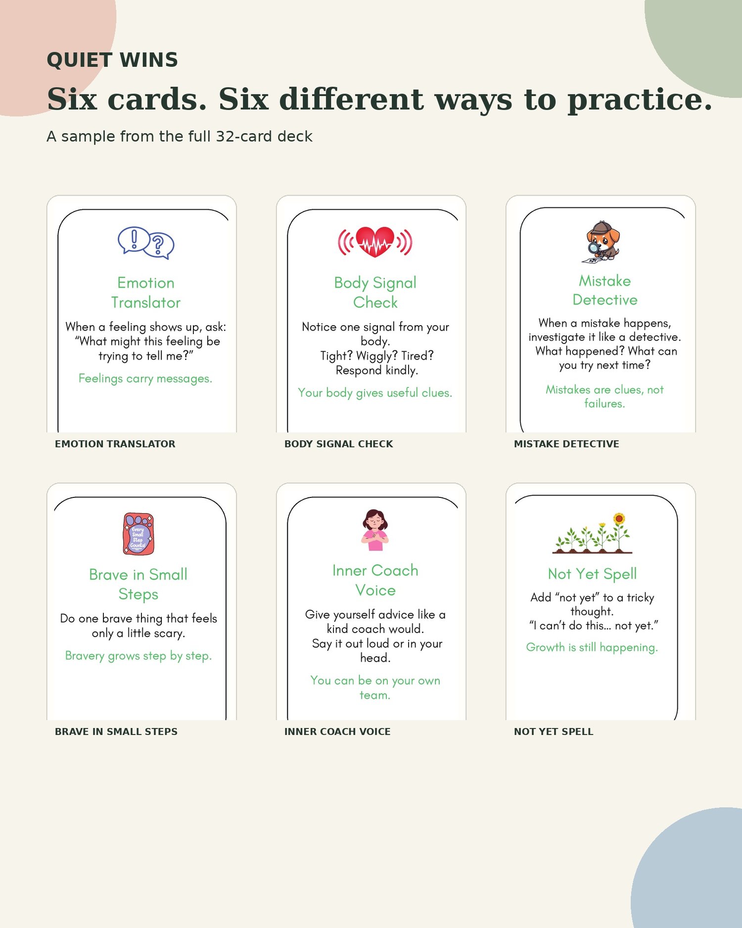 Six sample Quiet Wins cards including Emotion Translator, Body Signal Check, Mistake Detective, Brave in Small Steps, Inner Coach Voice and Not Yet Spell