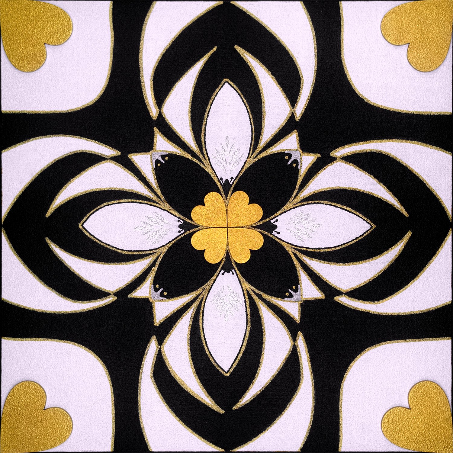 Original mixed-media painting Rooted Connections II by Anna Legaspi featuring symmetrical black, white, and gold motifs with corner heart accents on a 30x30cm wooden panel.