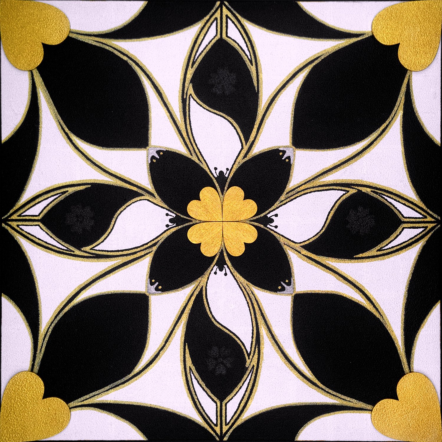 Original mixed-media painting Rooted Connections III by Anna Legaspi featuring symmetrical black, white, and gold motifs with corner heart accents on a 30x30cm wooden panel.
