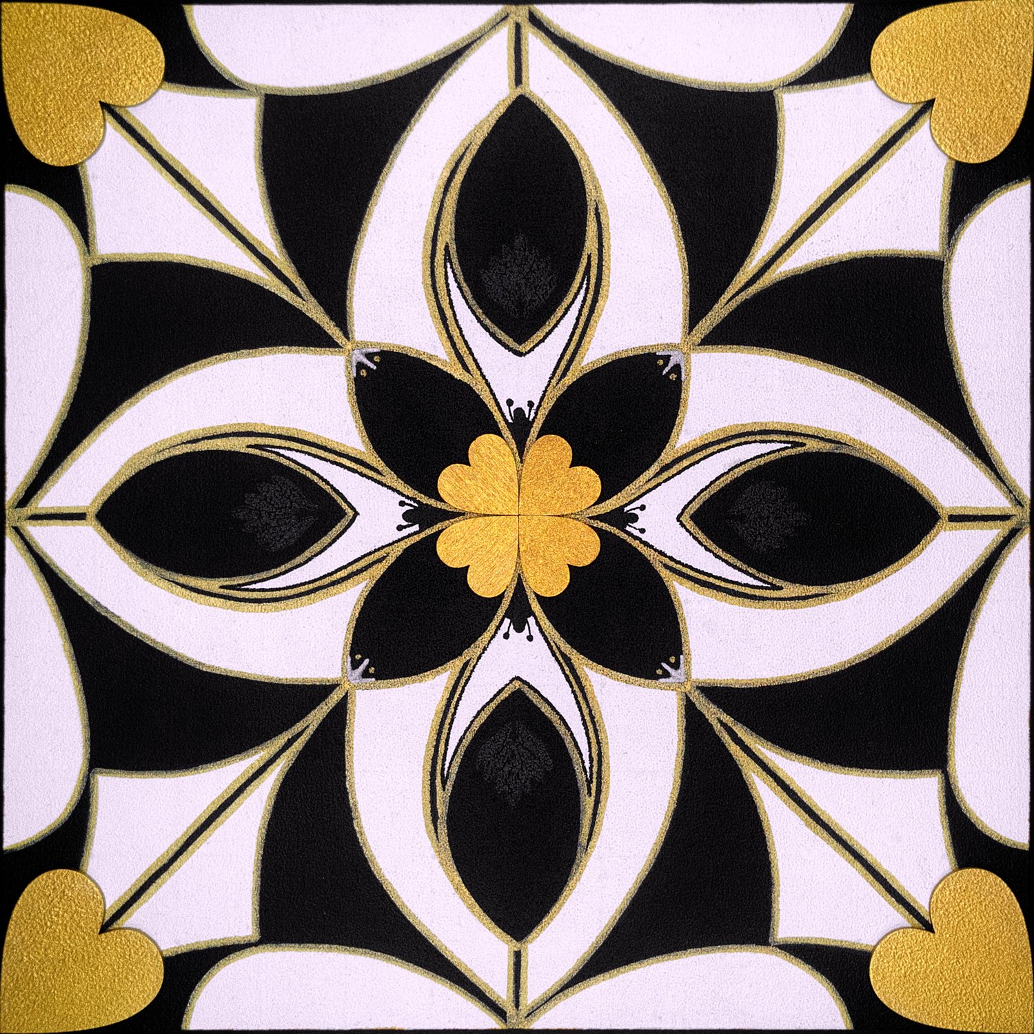 Original mixed-media painting Rooted Connections VI by Anna Legaspi featuring symmetrical black, white, and gold motifs with corner heart accents on a 30x30cm wooden panel.
