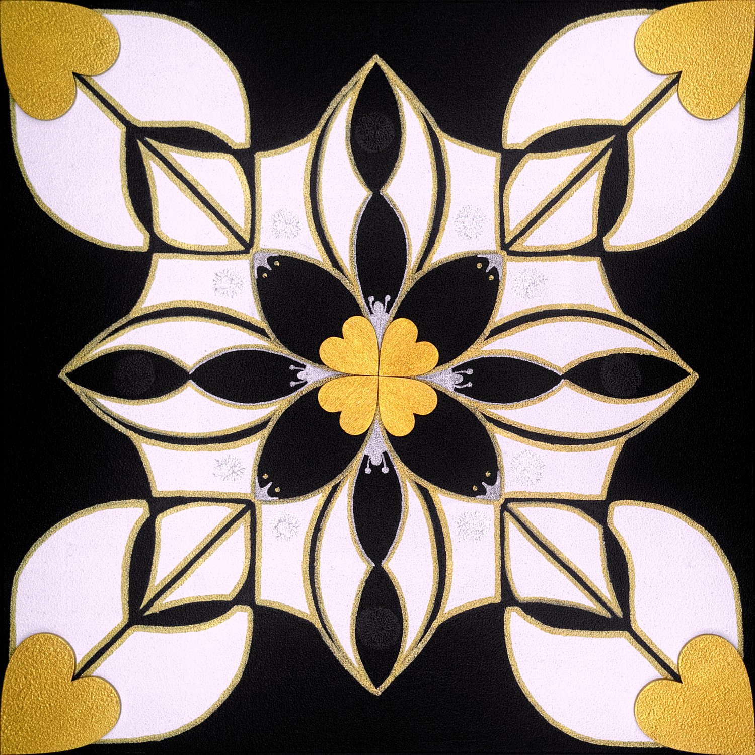 Original mixed-media painting Rooted Connections VII by Anna Legaspi featuring symmetrical black, white, and gold motifs with corner heart accents on a 30x30cm wooden panel.