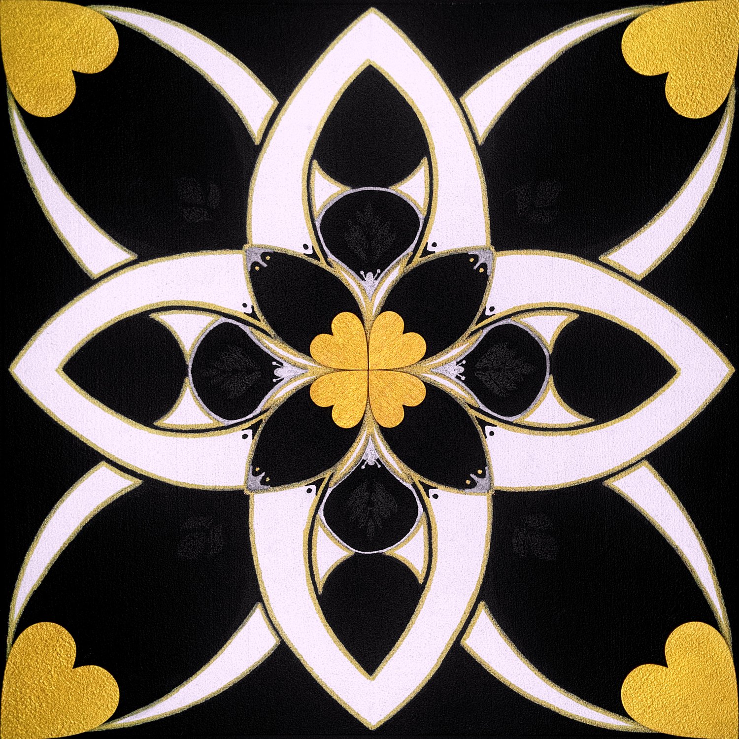 Original mixed-media painting Rooted Connections VIII by Anna Legaspi featuring symmetrical black, white, and gold motifs with corner heart accents on a 30x30cm wooden panel.