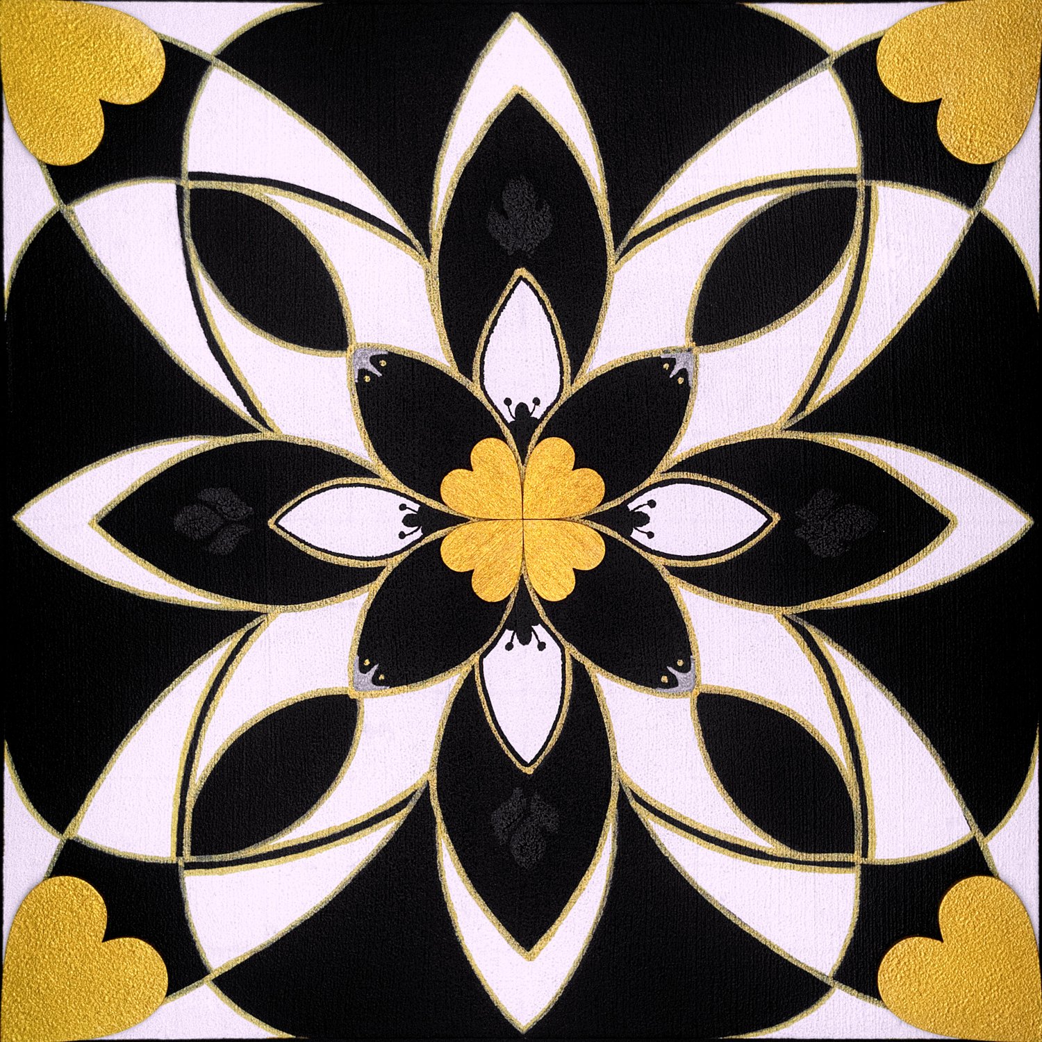 Original mixed-media painting Rooted Connections IX by Anna Legaspi featuring symmetrical black, white, and gold motifs with corner heart accents on a 30x30cm wooden panel.