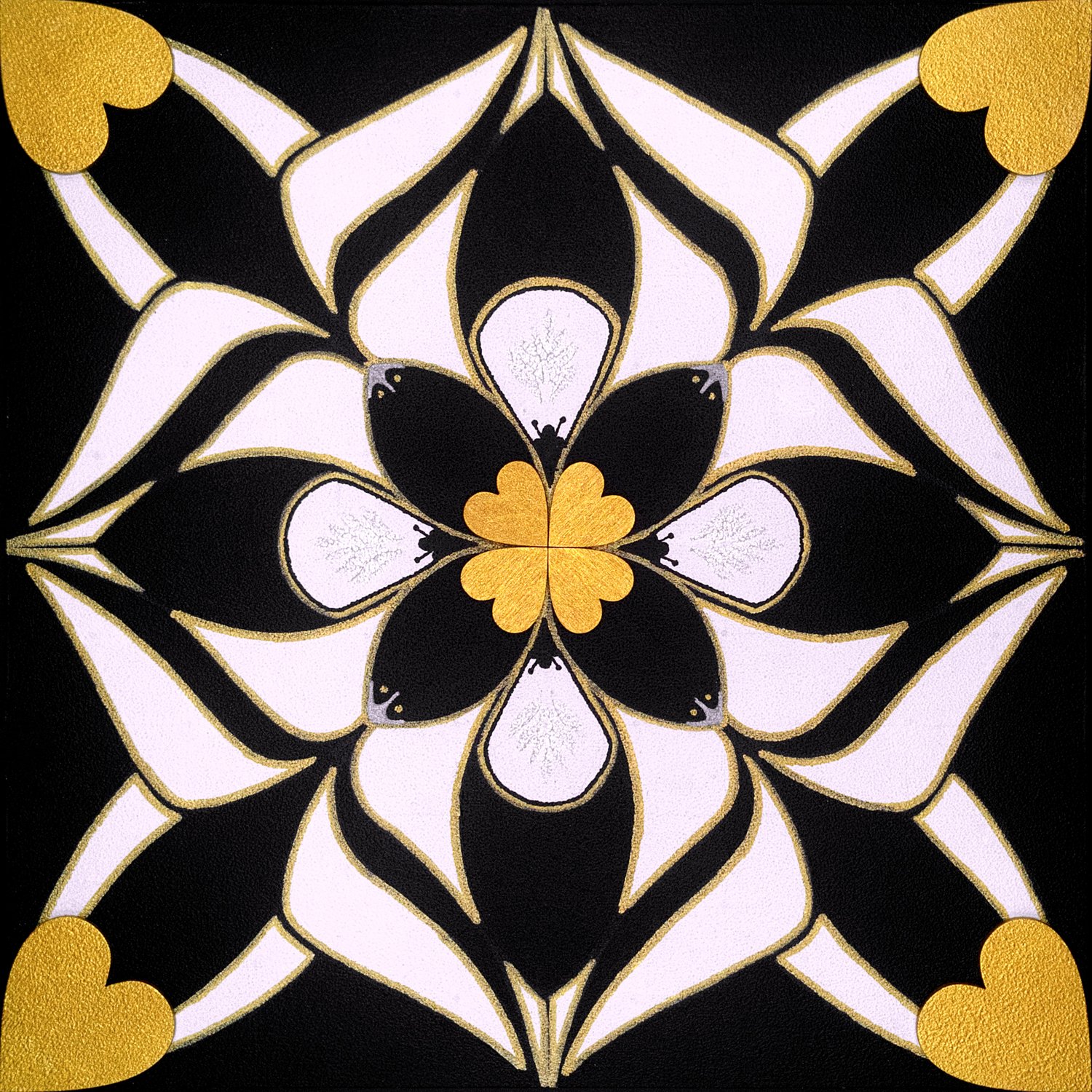 Original mixed-media painting Rooted Connections X by Anna Legaspi featuring symmetrical black, white, and gold motifs with corner heart accents on a 30x30cm wooden panel.