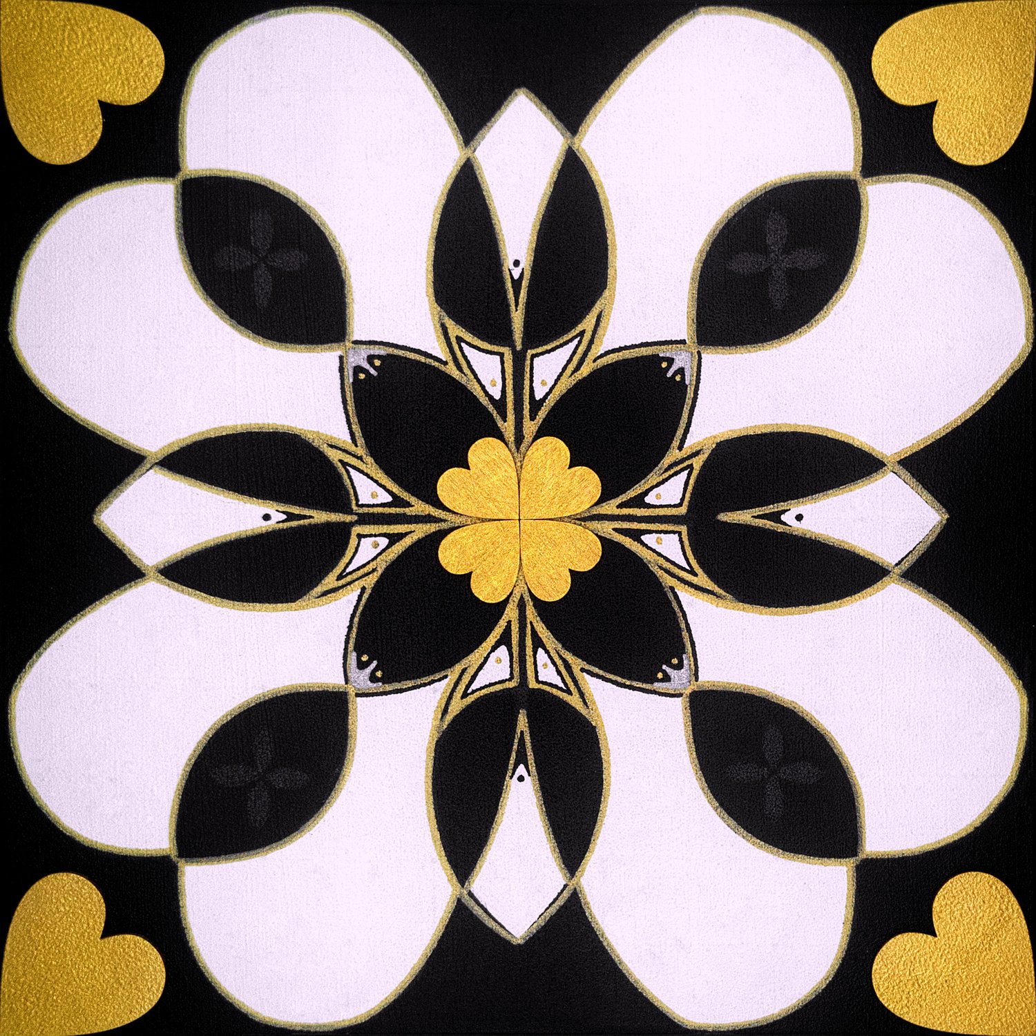 Original mixed-media painting Rooted Connections XI by Anna Legaspi featuring symmetrical black, white, and gold motifs with corner heart accents on a 30x30cm wooden panel.