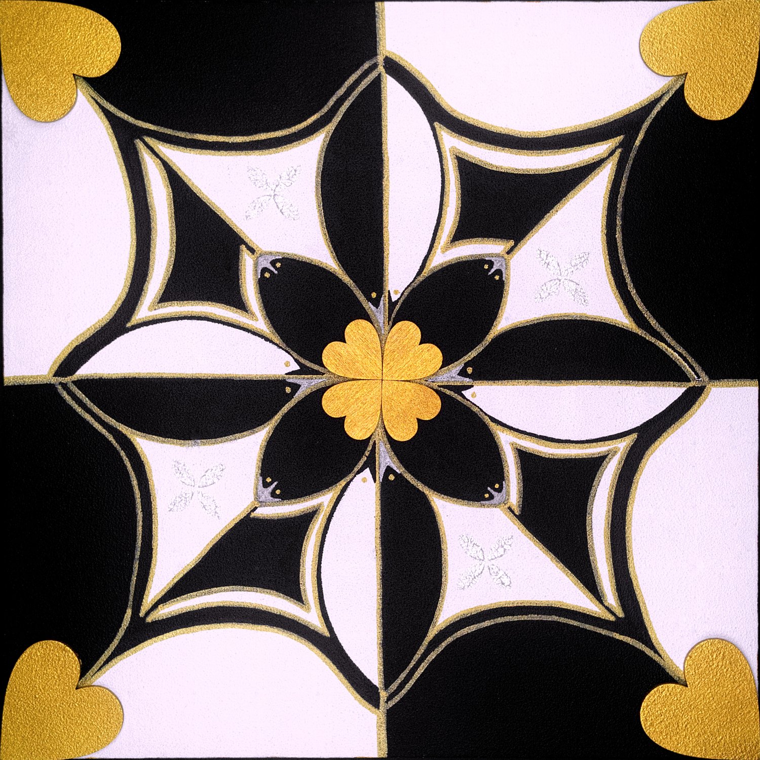Original mixed-media painting Rooted Connections XII by Anna Legaspi featuring symmetrical black, white, and gold motifs with corner heart accents on a 30x30cm wooden panel.