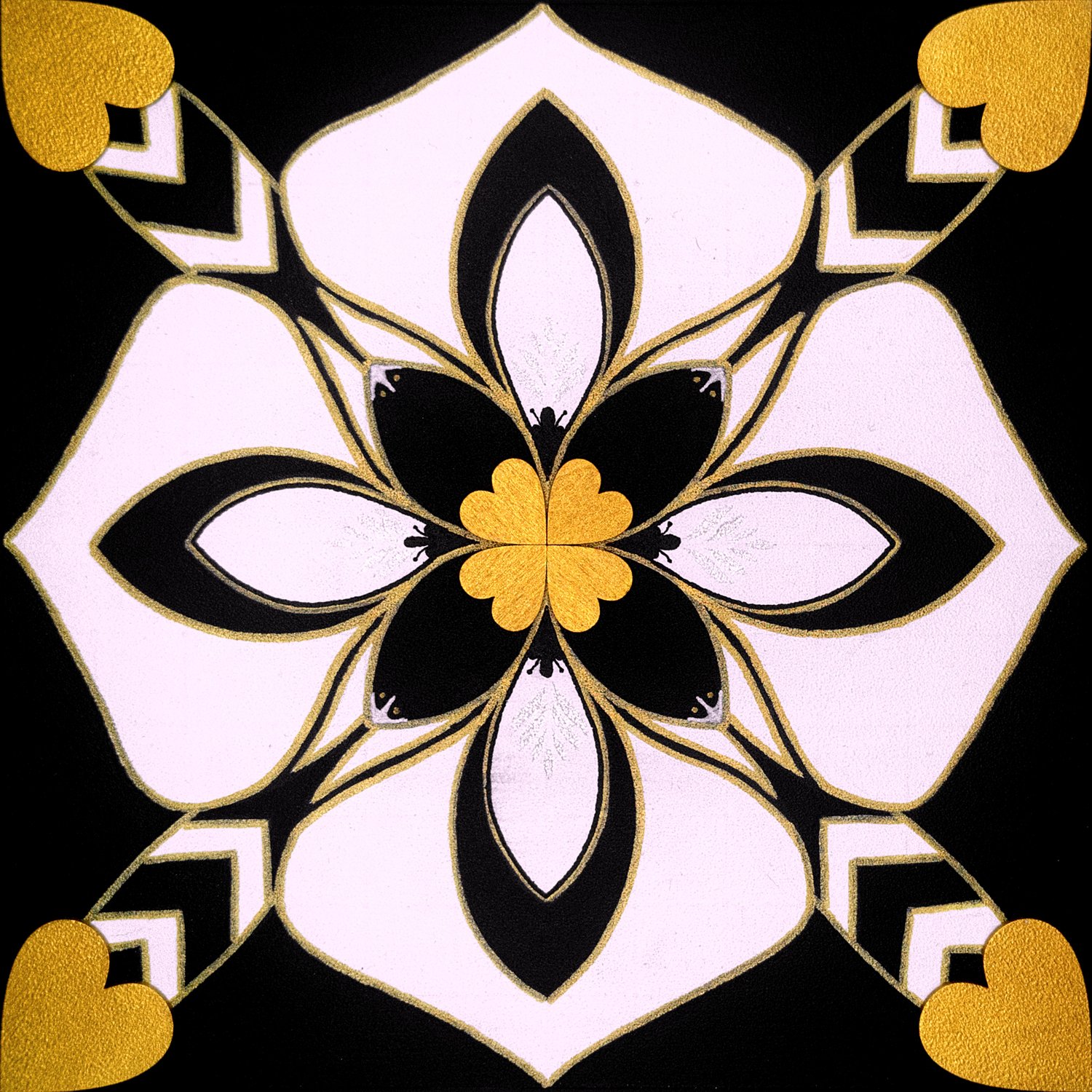 Original mixed-media painting Rooted Connections XIII by Anna Legaspi featuring symmetrical black, white, and gold motifs with corner heart accents on a 30x30cm wooden panel.