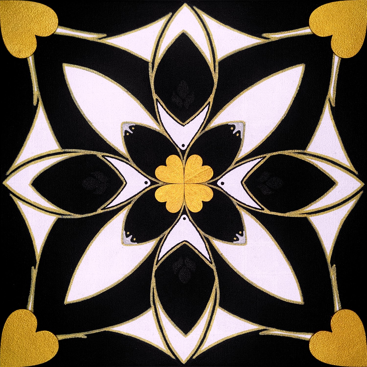Original mixed-media painting Rooted Connections XIV by Anna Legaspi featuring symmetrical black, white, and gold motifs with corner heart accents on a 30x30cm wooden panel.