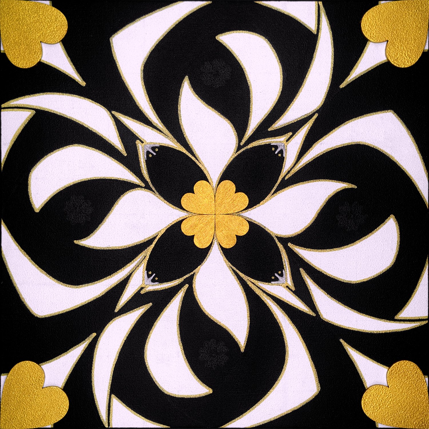 Original mixed-media painting Rooted Connections XV by Anna Legaspi featuring symmetrical black, white, and gold motifs with corner heart accents on a 30x30cm wooden panel.