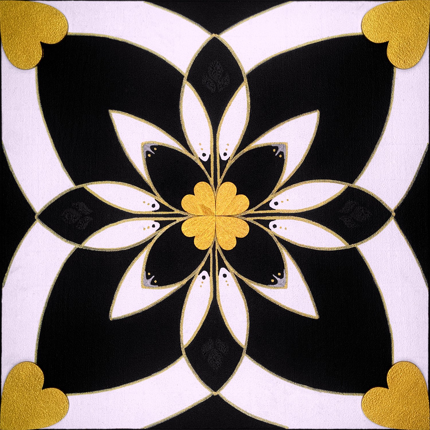 Original mixed-media painting Rooted Connections XVI by Anna Legaspi featuring symmetrical black, white, and gold motifs with corner heart accents on a 30x30cm wooden panel.