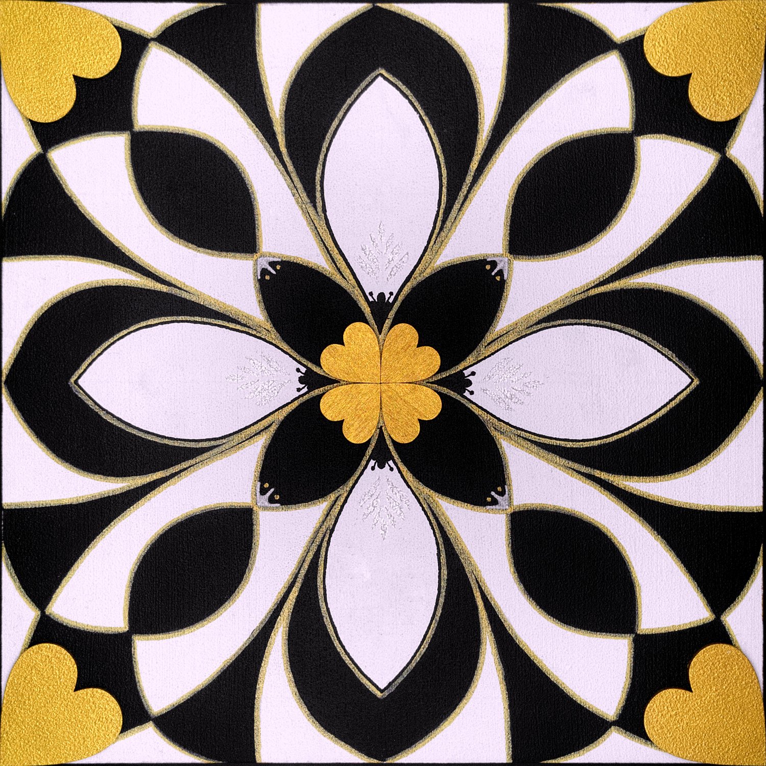 Original mixed-media painting Rooted Connections XVII by Anna Legaspi featuring symmetrical black, white, and gold motifs with corner heart accents on a 30x30cm wooden panel.
