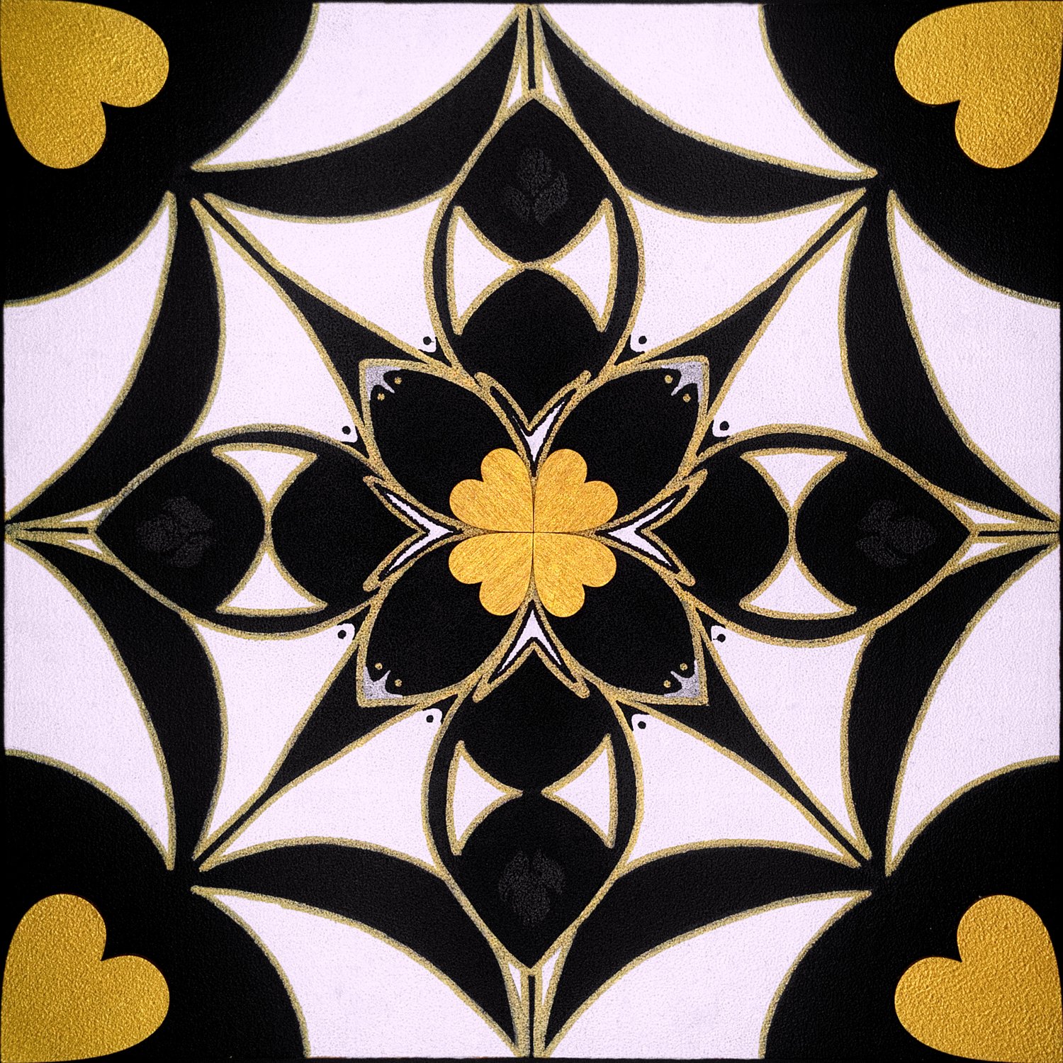 Original mixed-media painting Rooted Connections XVIII by Anna Legaspi featuring symmetrical black, white, and gold motifs with corner heart accents on a 30x30cm wooden panel.