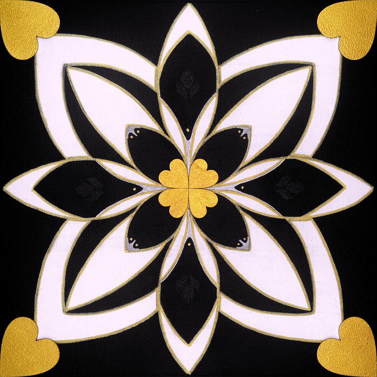 Original mixed-media painting Rooted Connections XX by Anna Legaspi featuring symmetrical black, white, and gold motifs with corner heart accents on a 30x30cm wooden panel.