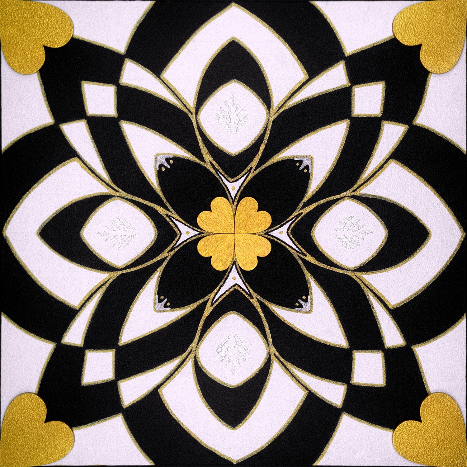 Original mixed-media painting Rooted Connections XXI by Anna Legaspi featuring symmetrical black, white, and gold motifs with corner heart accents on a 30x30cm wooden panel.