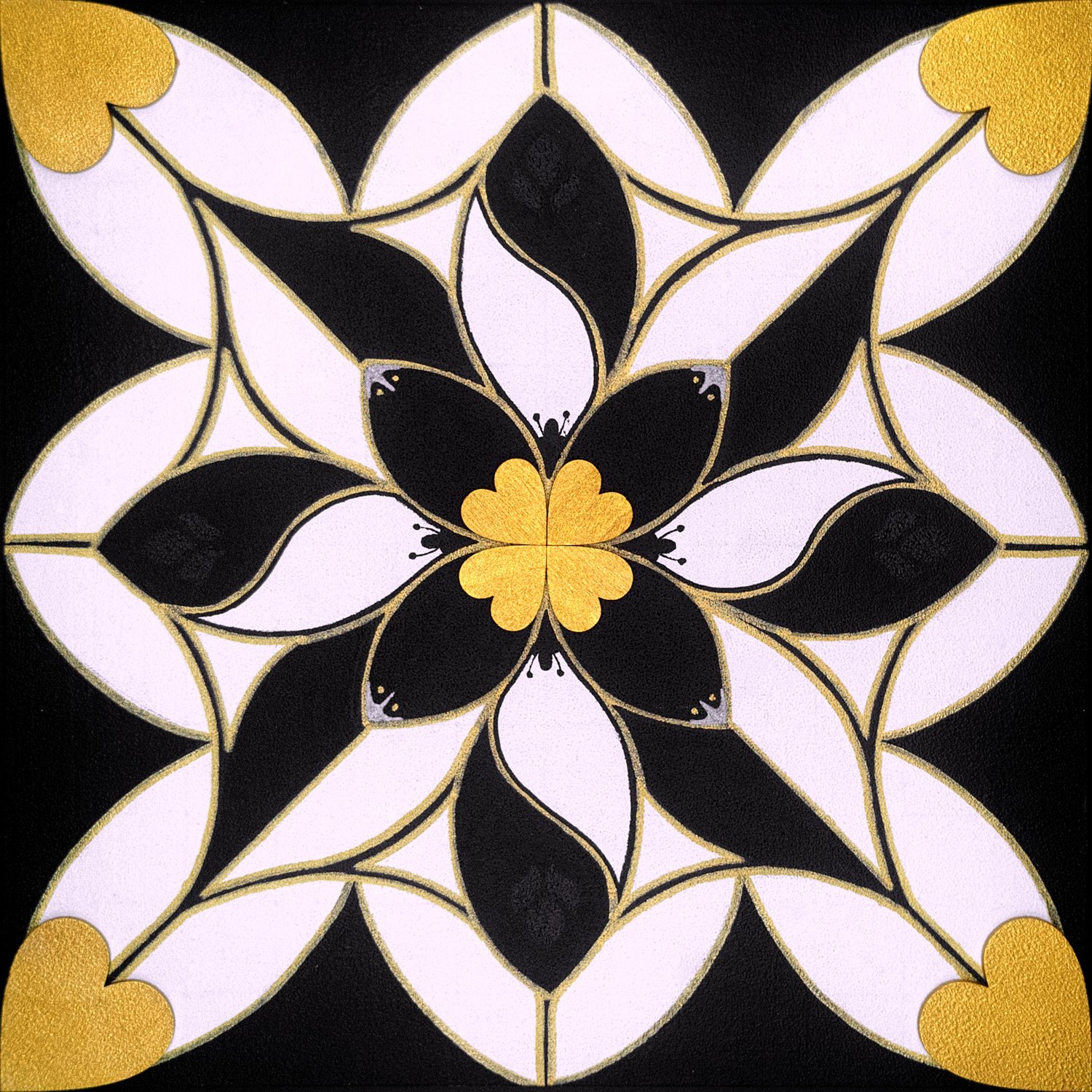 Original mixed-media painting Rooted Connections XXII by Anna Legaspi featuring symmetrical black, white, and gold motifs with corner heart accents on a 30x30cm wooden panel.