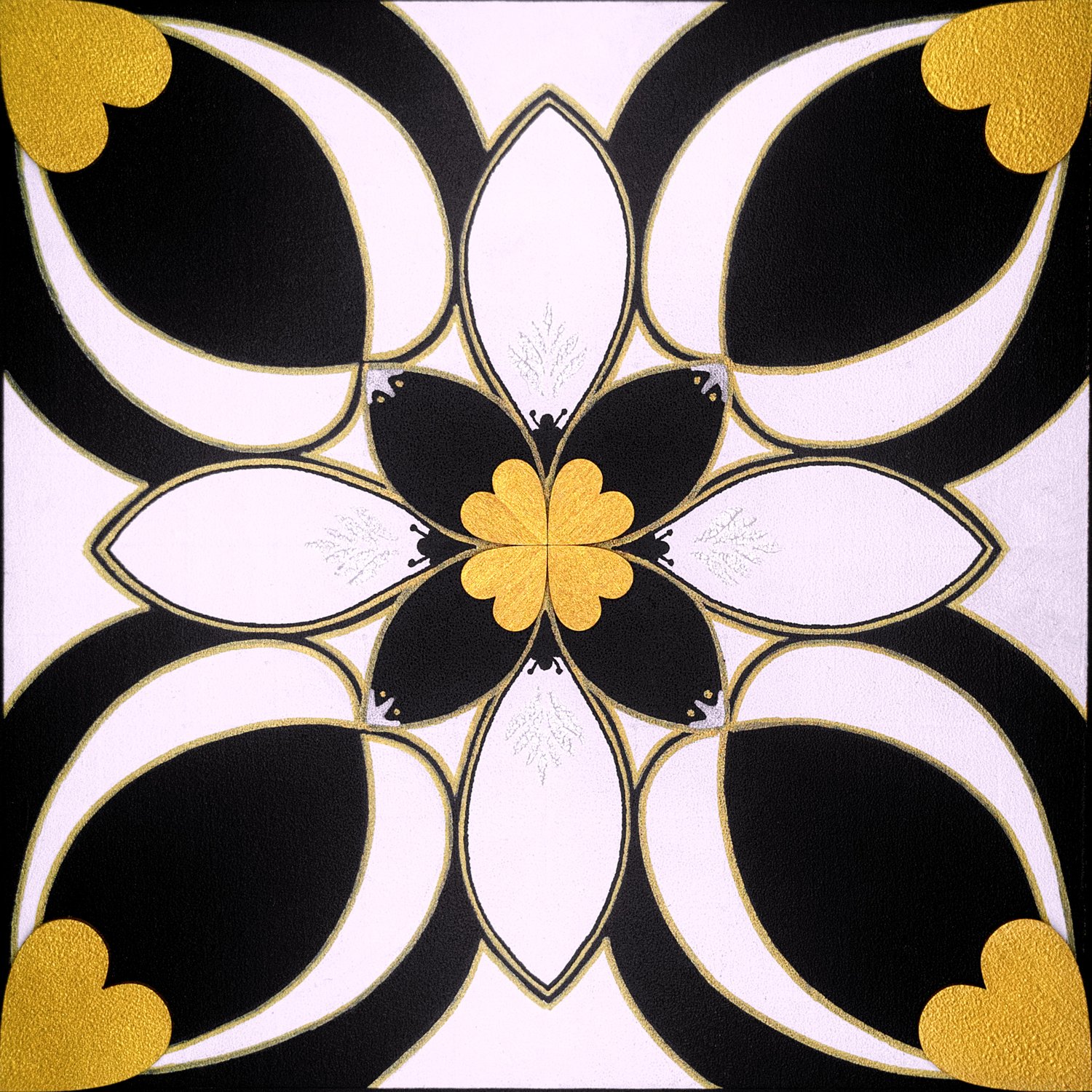 Original mixed-media painting Rooted Connections XXIII by Anna Legaspi featuring symmetrical black, white, and gold motifs with corner heart accents on a 30x30cm wooden panel.