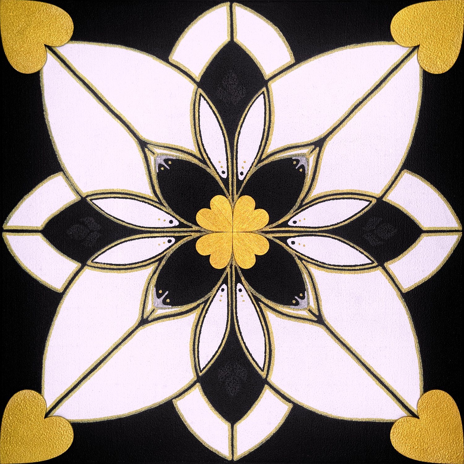 Original mixed-media painting Rooted Connections XXIV by Anna Legaspi featuring symmetrical black, white, and gold motifs with corner heart accents on a 30x30cm wooden panel.