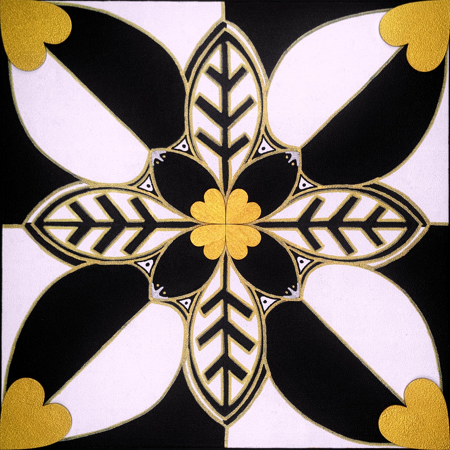 Original mixed-media painting Rooted Connections XXV by Anna Legaspi featuring symmetrical black, white, and gold motifs with corner heart accents on a 30x30cm wooden panel.