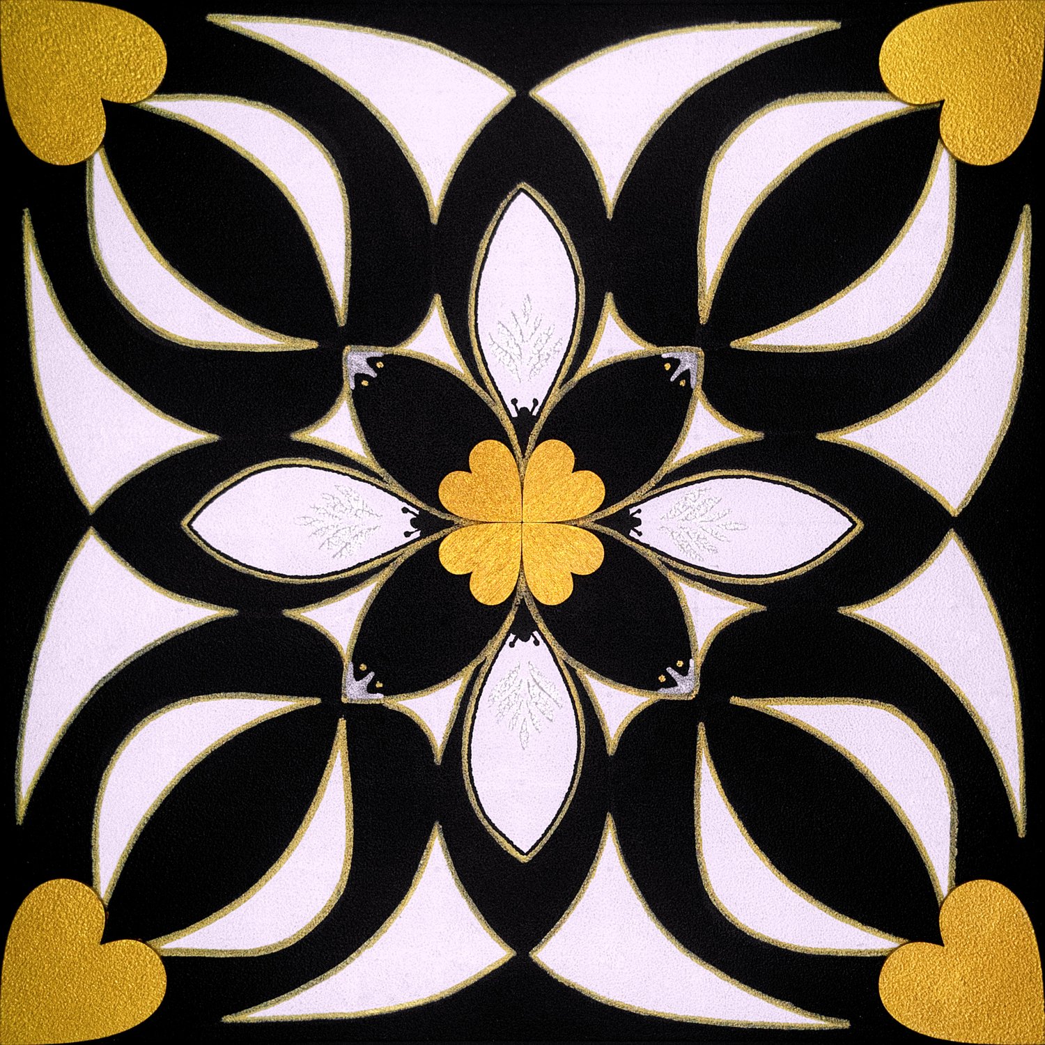 Original mixed-media painting Rooted Connections XXVI by Anna Legaspi featuring symmetrical black, white, and gold motifs with corner heart accents on a 30x30cm wooden panel.