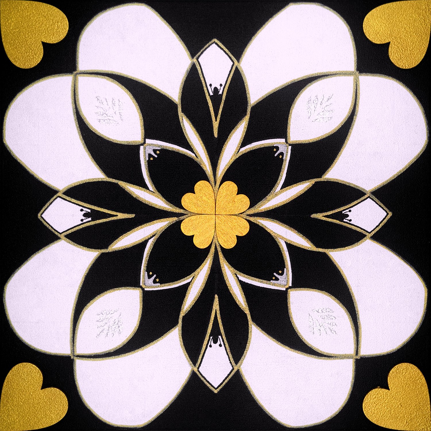 Original mixed-media painting Rooted Connections XXVII by Anna Legaspi featuring symmetrical black, white, and gold motifs with corner heart accents on a 30x30cm wooden panel.
