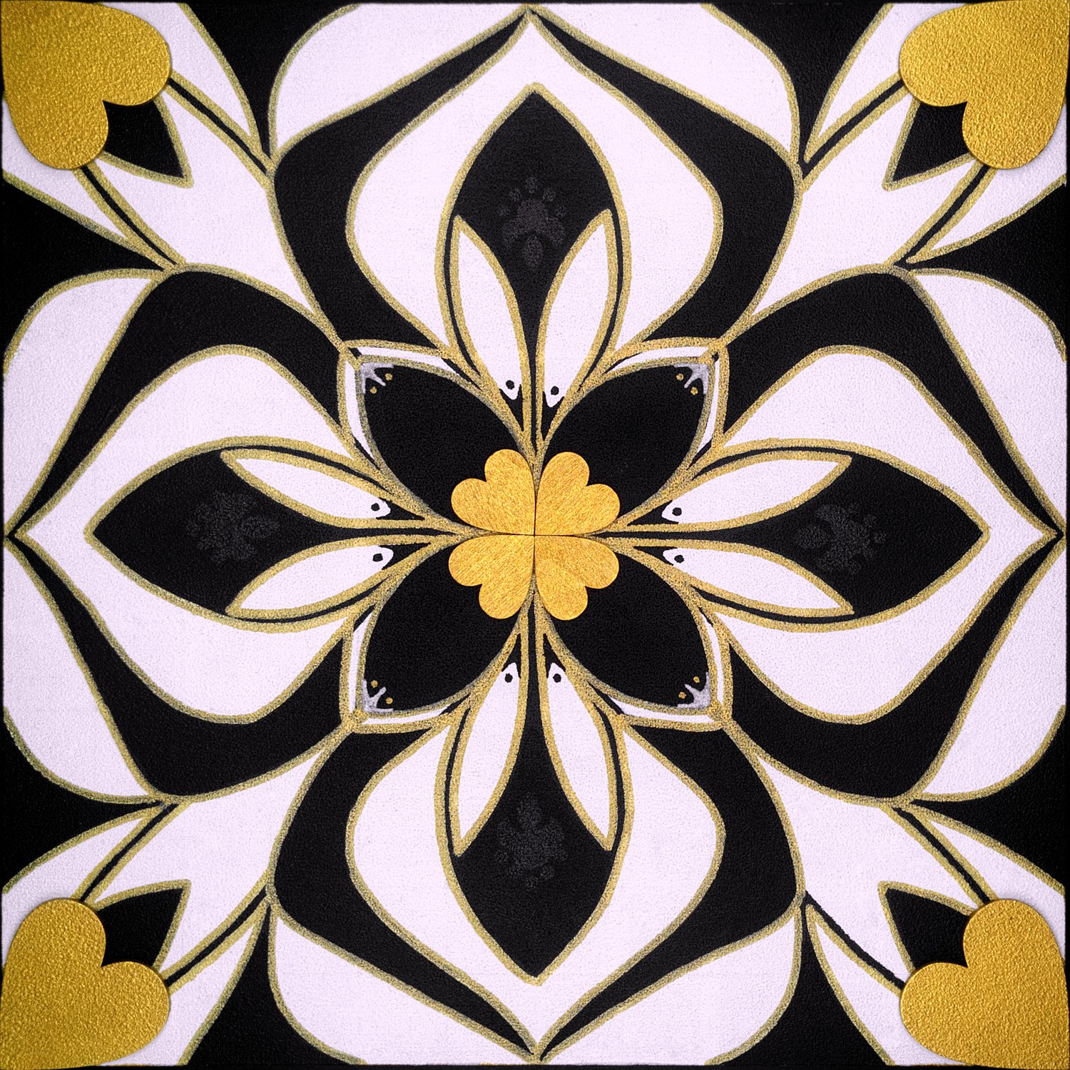 Original mixed-media painting Rooted Connections XXVIII by Anna Legaspi featuring symmetrical black, white, and gold motifs with corner heart accents on a 30x30cm wooden panel.