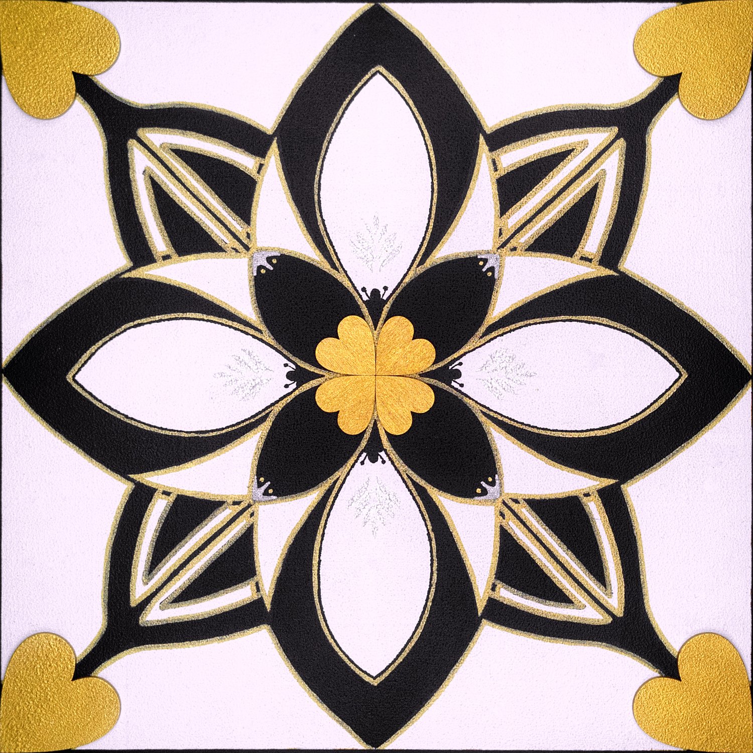 Original mixed-media painting Rooted Connections XXIX by Anna Legaspi featuring symmetrical black, white, and gold motifs with corner heart accents on a 30x30cm wooden panel.